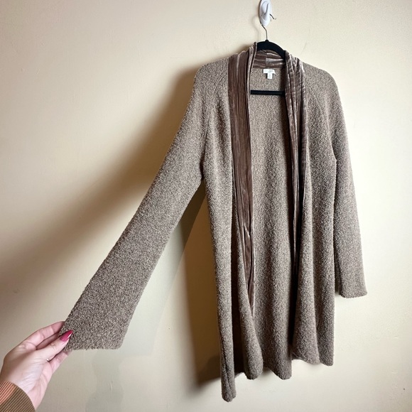 J. Jill Velvet Trim Merino Wool Silk Blend Brown Cardigan Duster Size Medium - Picture 2 of 16